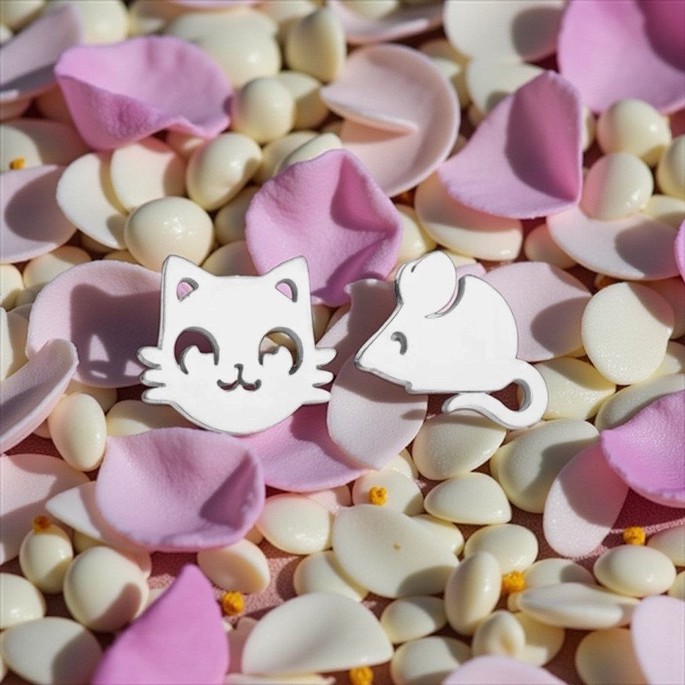Cute Silver Cat and Mouse Stud Earrings - NWOT
